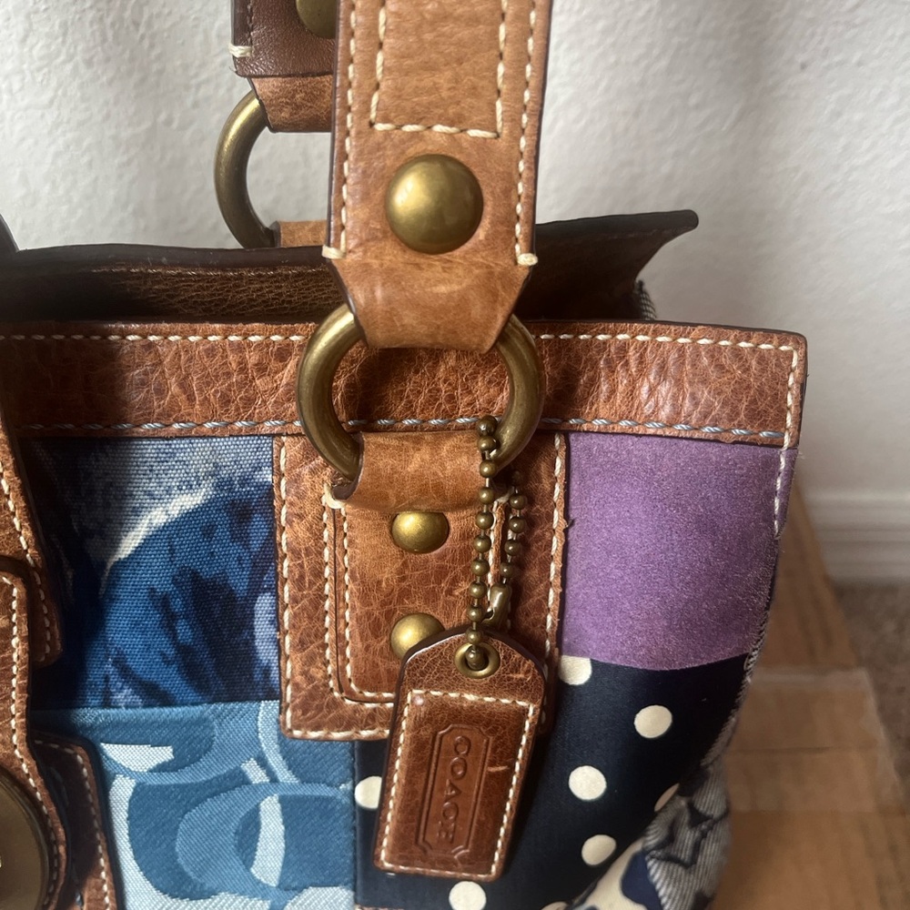 Vintage Coach Patchwork Leather-Trim Satchel Handbag Brown and Blue - Picture 4 of 6
